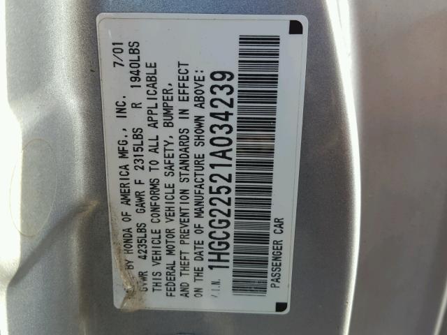 1HGCG22521A034239 - 2001 HONDA ACCORD EX SILVER photo 10