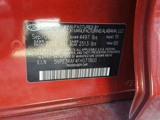 5NPE34AF4FH077800 - 2015 HYUNDAI SONATA SPO RED photo 10