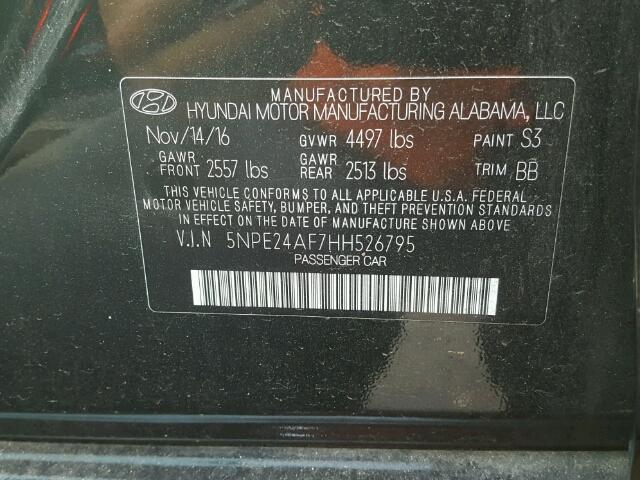 5NPE24AF7HH526795 - 2017 HYUNDAI SONATA SE BLACK photo 10