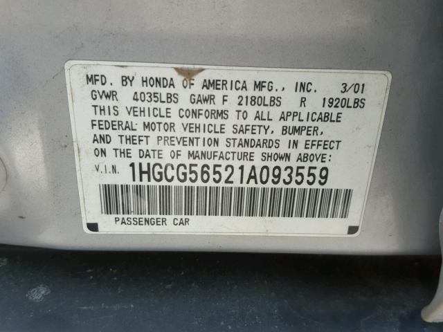 1HGCG56521A093559 - 2001 HONDA ACCORD LX SILVER photo 10