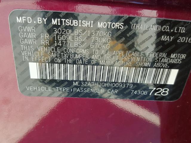 ML32A3HJ0HH009379 - 2017 MITSUBISHI MIRAGE ES BURGUNDY photo 10