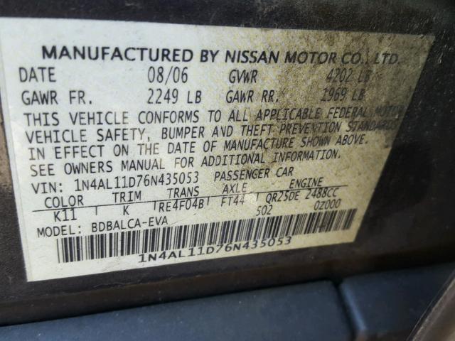 1N4AL11D76N435053 - 2006 NISSAN ALTIMA S GRAY photo 10