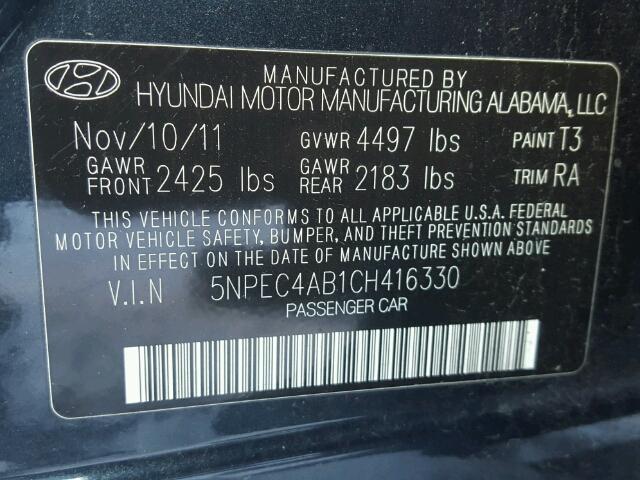 5NPEC4AB1CH416330 - 2012 HYUNDAI SONATA SE BLACK photo 10