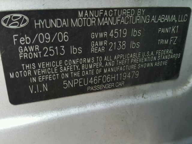 5NPEU46F06H119479 - 2006 HYUNDAI SONATA GLS GRAY photo 10