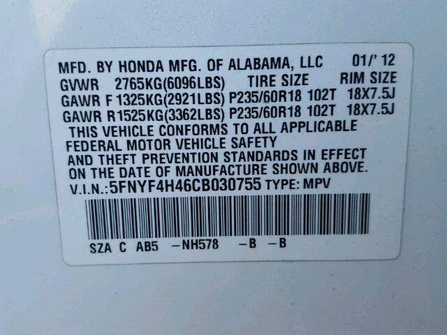 5FNYF4H46CB030755 - 2012 HONDA PILOT EX WHITE photo 10