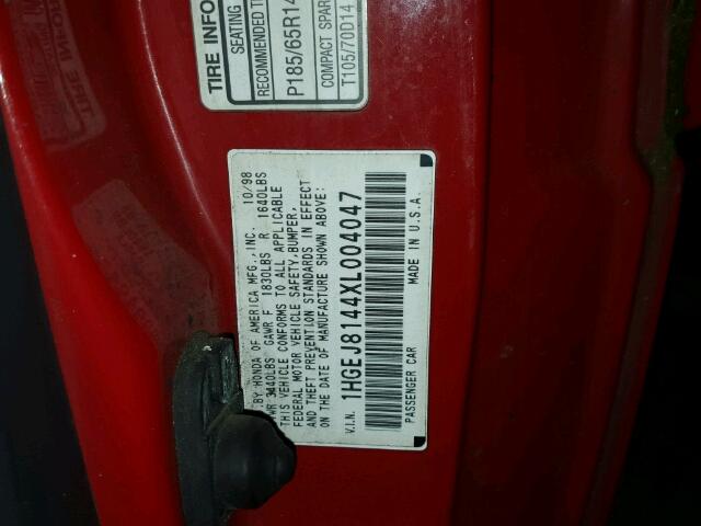 1HGEJ8144XL004047 - 1999 HONDA CIVIC EX 红色 照片 10