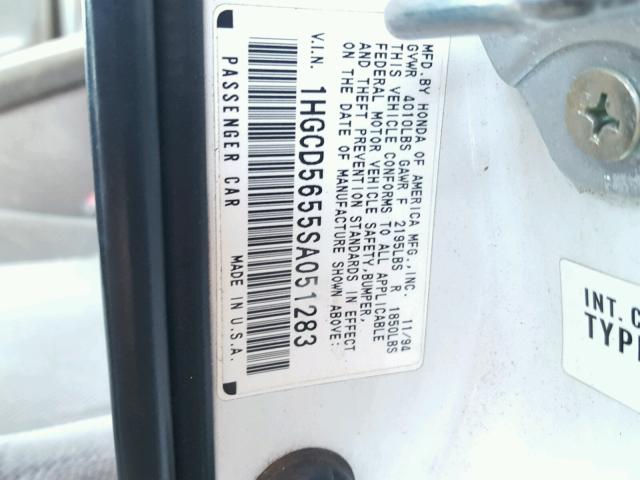 1HGCD5655SA051283 - 1995 HONDA ACCORD EX WHITE photo 10