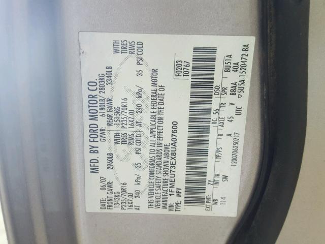 1FMEU73EX8UA07600 - 2008 FORD EXPLORER X GRAY photo 10
