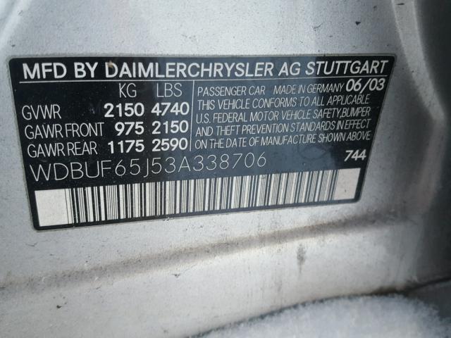 WDBUF65J53A338706 - 2003 MERCEDES-BENZ E 320 SILVER photo 10