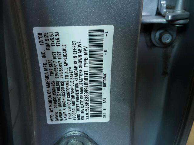 5J6RE38399L008791 - 2009 HONDA CR-V LX SILVER photo 10