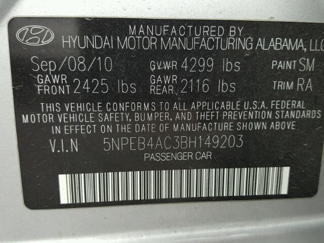 5NPEB4AC3BH149203 - 2011 HYUNDAI SONATA GLS SILVER photo 10