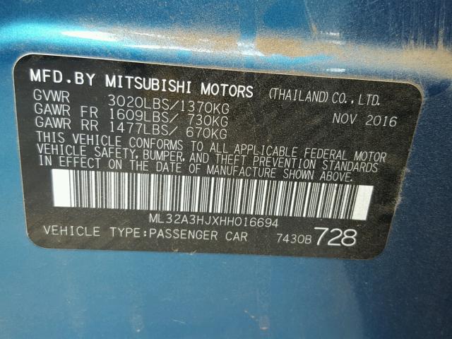 ML32A3HJXHH016694 - 2017 MITSUBISHI MIRAGE ES BLUE photo 10