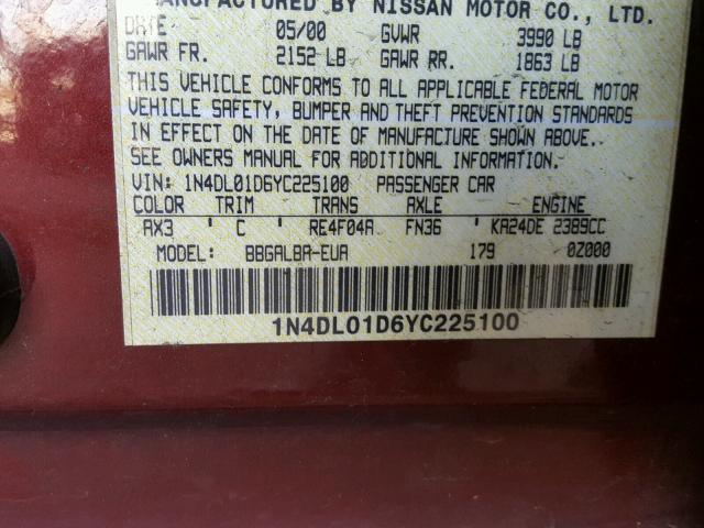 1N4DL01D6YC225100 - 2000 NISSAN ALTIMA XE BURGUNDY photo 10