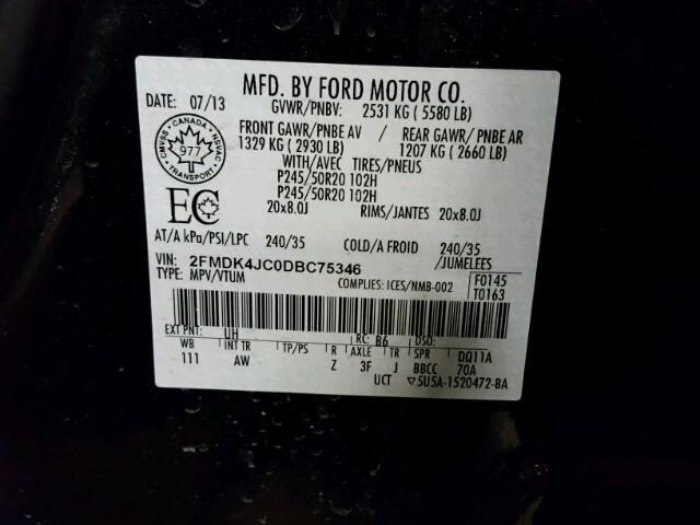 2FMDK4JC0DBC75346 - 2013 FORD EDGE SEL BLACK photo 10