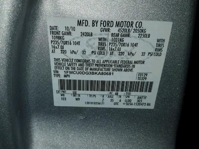 1FMCU0DG3BKA80681 - 2011 FORD ESCAPE XLT SILVER photo 10