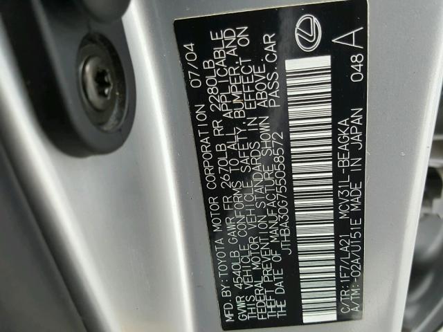 JTHBA30G755058572 - 2005 LEXUS ES 330 SILVER photo 10