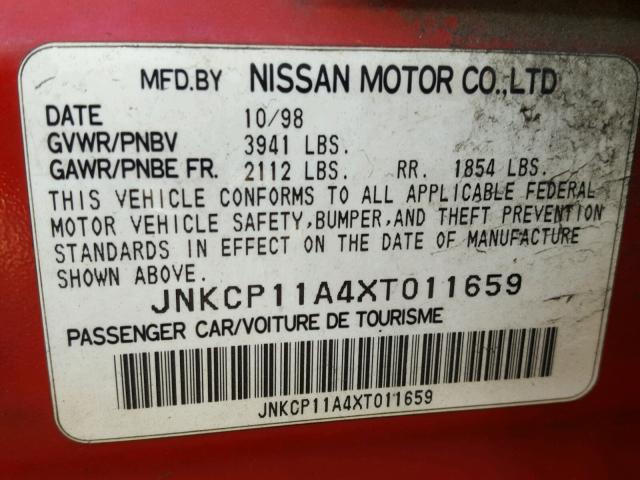 JNKCP11A4XT011659 - 1999 INFINITI G20 RED photo 10