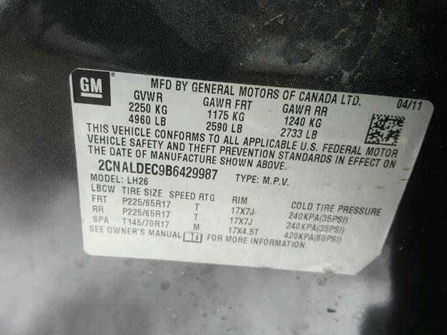 2CNALDEC9B6429987 - 2011 CHEVROLET EQUINOX LT GRAY photo 10