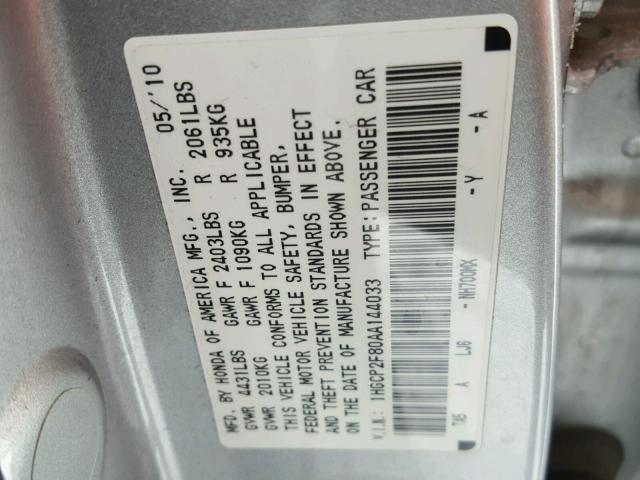 1HGCP2F80AA144033 - 2010 HONDA ACCORD EXL Gümüş fotoğraf 10