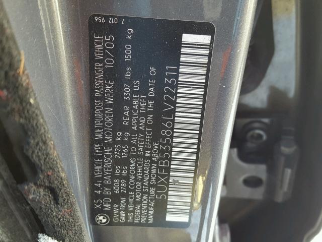 5UXFB53586LV22311 - 2006 BMW X5 4.4I GRAY photo 10