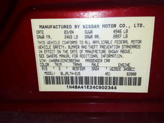 1N4BA41E24C902344 - 2004 NISSAN MAXIMA SE MAROON photo 10