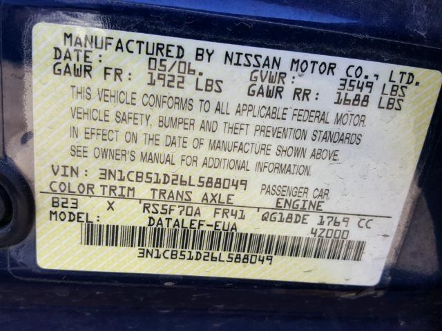 3N1CB51D26L588049 - 2006 NISSAN SENTRA 1.8 BLUE photo 10