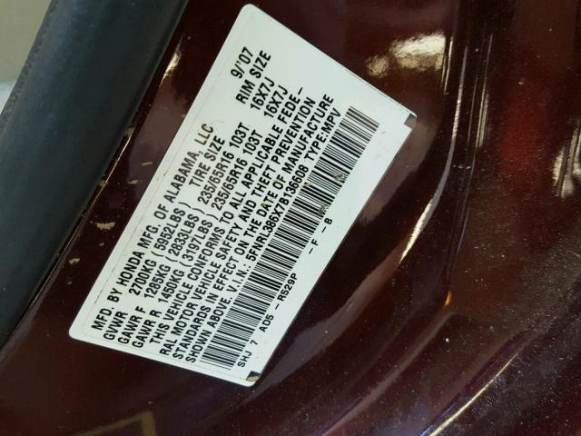 5FNRL386X7B136608 - 2007 HONDA ODYSSEY EX BURGUNDY photo 10