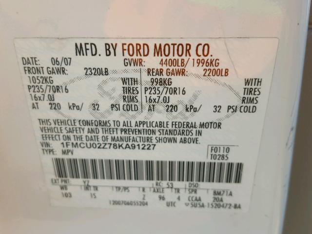 1FMCU02Z78KA91227 - 2008 FORD ESCAPE XLS WHITE photo 10