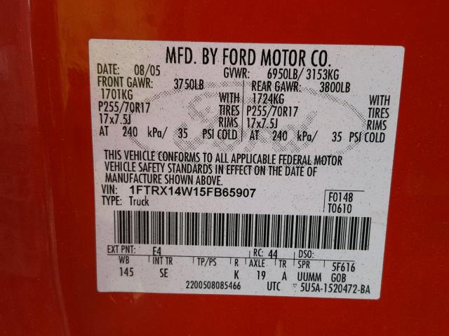 1FTRX14W15FB65907 - 2005 FORD F150 RED photo 10