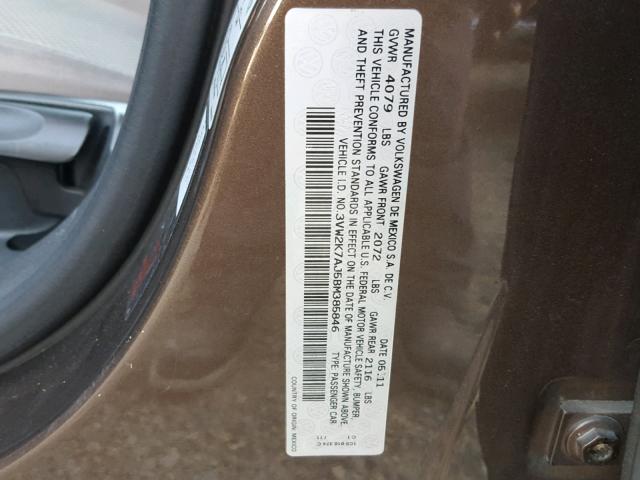 3VW2K7AJ5BM385846 - 2011 VOLKSWAGEN JETTA BASE BROWN photo 10