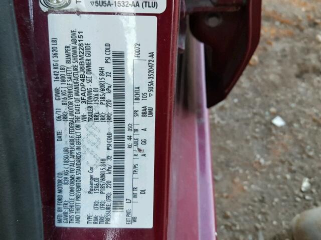 3FADP4BJ8BM228151 - 2011 FORD FIESTA SE BURGUNDY photo 10