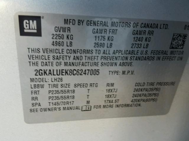 2GKALUEK8C6247005 - 2012 GMC TERRAIN SL SILVER photo 10