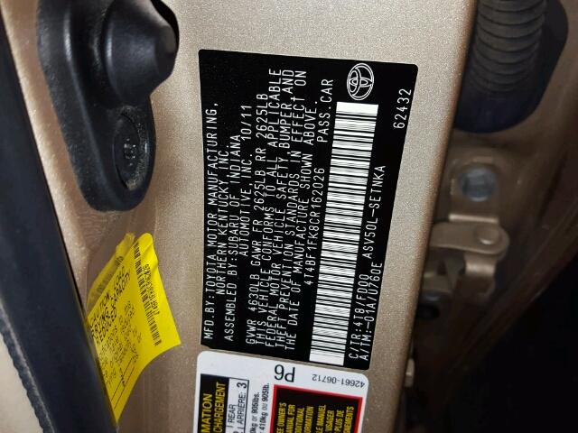 4T4BF1FK8CR162026 - 2012 TOYOTA CAMRY BASE BEIGE photo 10