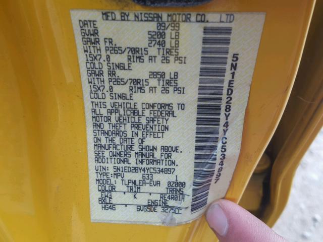 5N1ED28Y4YC534897 - 2000 NISSAN XTERRA XE YELLOW photo 10