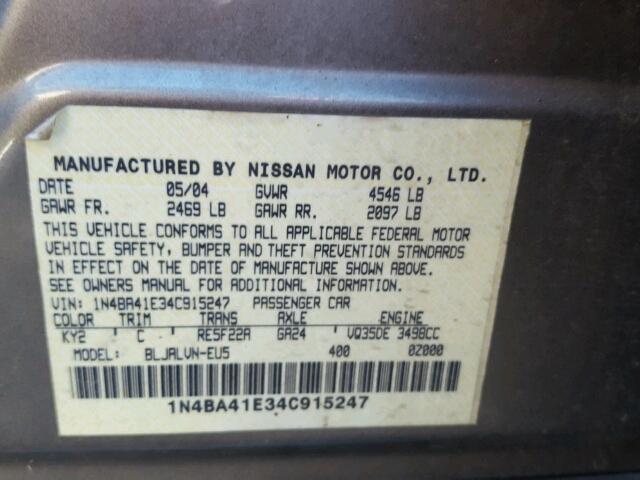 1N4BA41E34C915247 - 2004 NISSAN MAXIMA BROWN photo 10