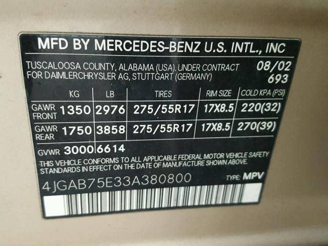 4JGAB75E33A380800 - 2003 MERCEDES-BENZ ML 500 GOLD photo 10