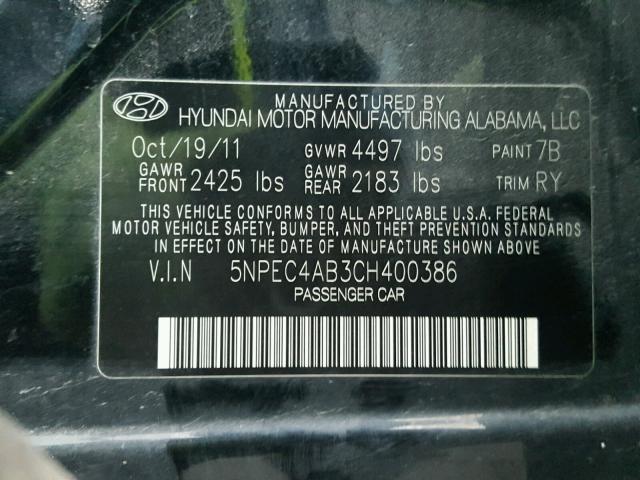 5NPEC4AB3CH400386 - 2012 HYUNDAI SONATA SE BLACK photo 12