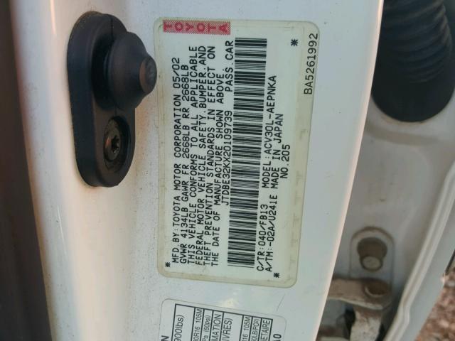 JTDBE32KX20109739 - 2002 TOYOTA CAMRY LE 白色 照片 10