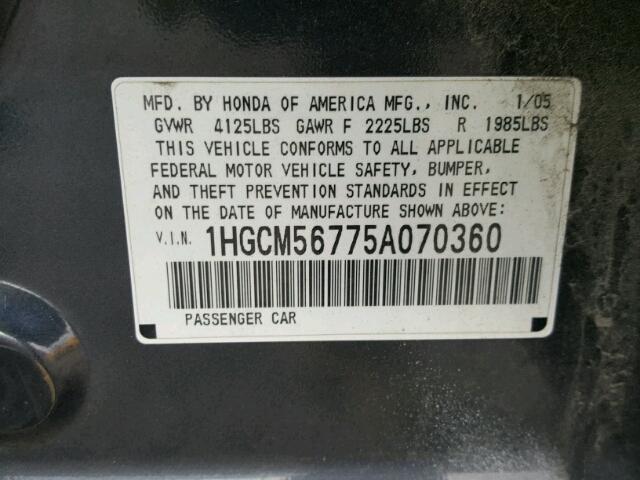 1HGCM56775A070360 - 2005 HONDA ACCORD EX GRAY photo 10