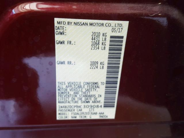 1N4BZ0CP9HC309084 - 2017 NISSAN LEAF S BURGUNDY photo 10