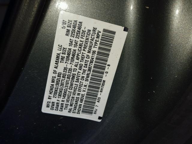 5FNRL38877B041196 - 2007 HONDA ODYSSEY TO GRAY photo 10