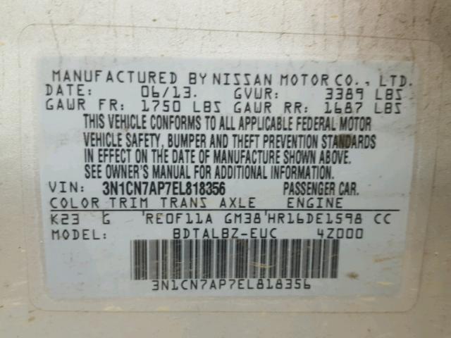 3N1CN7AP7EL818356 - 2014 NISSAN VERSA S SILVER photo 10