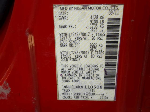 1N6BF0LX8CN110508 - 2012 NISSAN NV 2500 RED photo 10