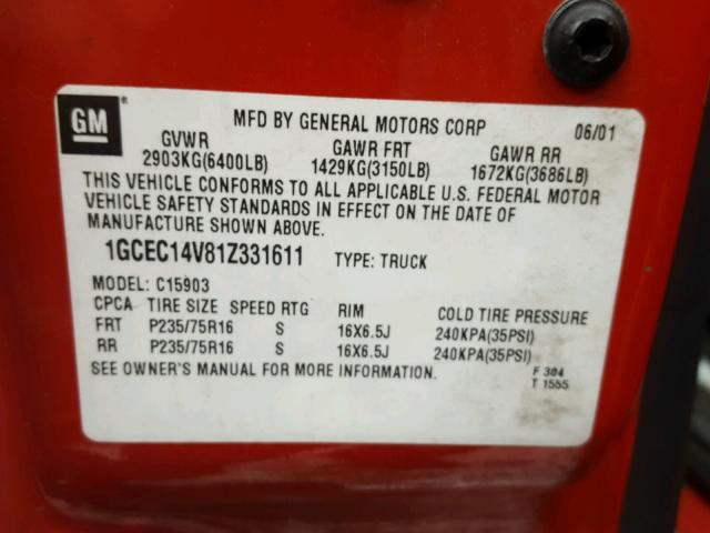 1GCEC14V81Z331611 - 2001 CHEVROLET SILVERADO RED photo 10