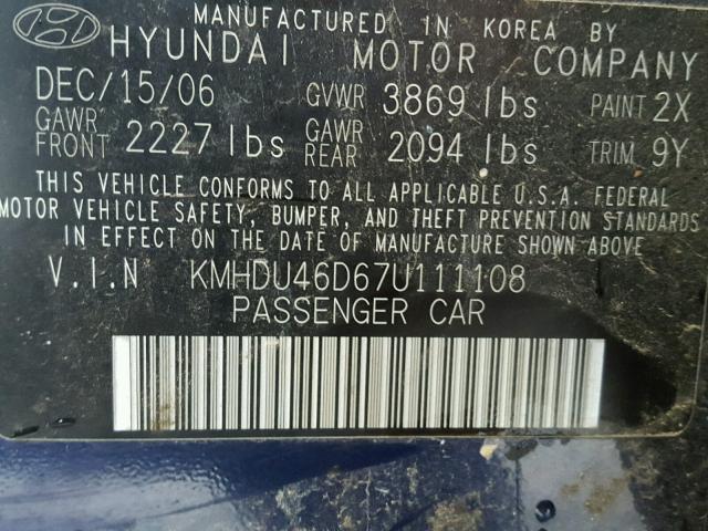 KMHDU46D67U111108 - 2007 HYUNDAI ELANTRA GL BLUE photo 10