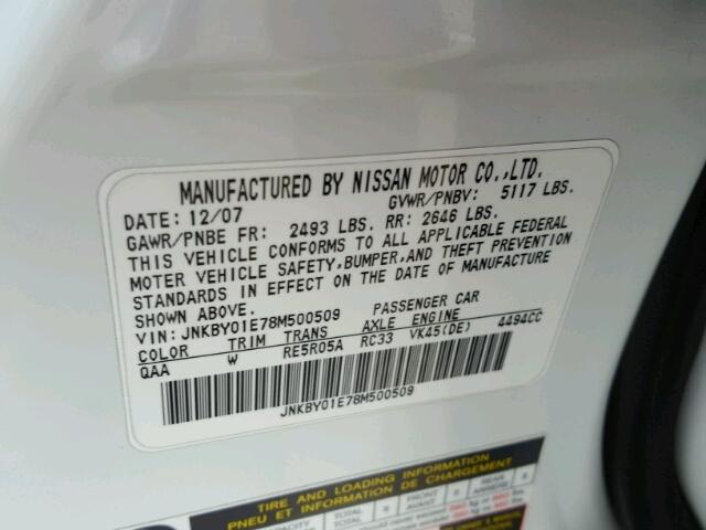 JNKBY01E78M500509 - 2008 INFINITI M45 BASE WHITE photo 10