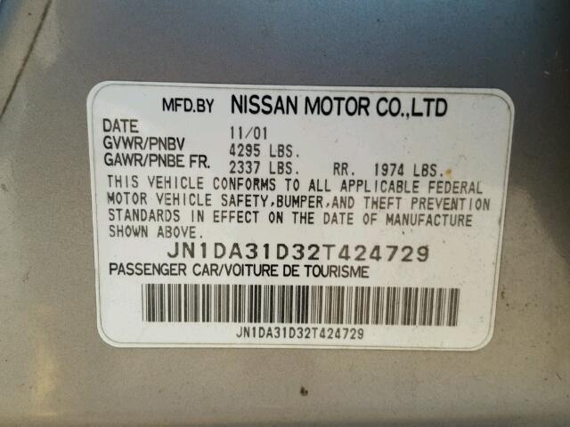 JN1DA31D32T424729 - 2002 NISSAN MAXIMA GLE TAN photo 10