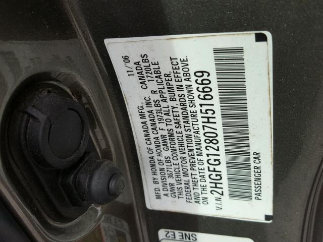 2HGFG12807H516669 - 2007 HONDA CIVIC EX GRAY photo 10