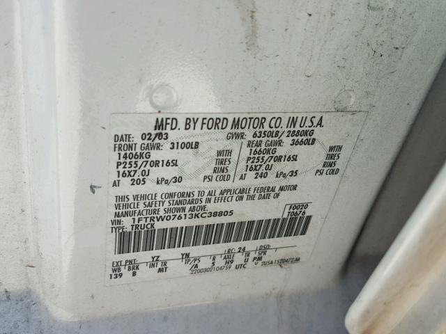 1FTRW07613KC38805 - 2003 FORD F150 SUPER WHITE photo 10