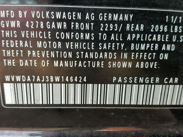 WVWDA7AJ3BW146424 - 2011 VOLKSWAGEN GOLF 黑色 照片 10